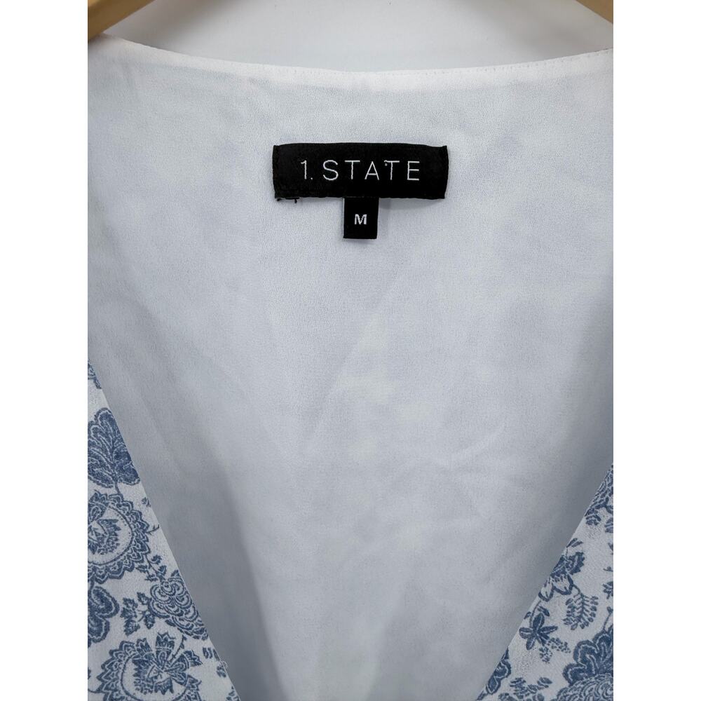 1.State Blue White Paisley Tiered Ruffle Mini Dress Puff Sleeve Tie Waist Medium - Picture 3 of 9